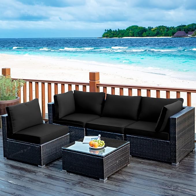 COSTWAY 5-Piece Outdoor Patio Furniture Set, PE Rattan Sofa Chairs with Cushions and Tempered Glass Coffee Table, Conversation Sofa Set for Backyard Garden (Black)