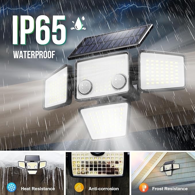 LYWALT Solar Outdoor Lights - 3000LM 188 LED Motion Sensor Outdoor Lights, 4 Heads Security Light,IP65 Waterproof, Easy Install,270°Wide Angle Flood Wall Light with 3 Modes for Backyard Yard