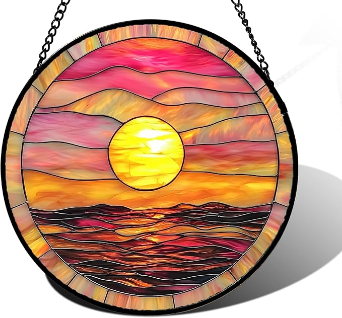 DASTOLL Stained Glass Window Hanging, Sunrise Sea Surface Sun Catchers Diamond Glass Panel Hangings Abstract Suncatcher Decor for Birthday for Women, Men, Wife, Aunt, and Mom 7.8 in