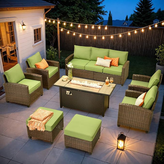 ovios 8 Pieces Patio Furniture Set, Outdoor Wicker Sofa Couch with 54" Fire Pit Table Comfy Cushions, All Weather Brown Rattan Conversation Set for Backyard Deck, Green