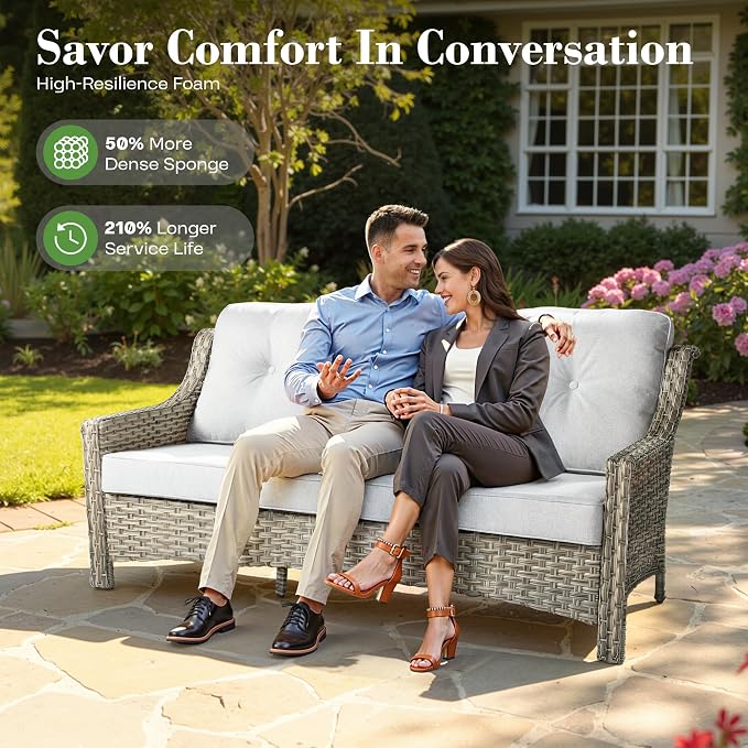 ovios 6 Piece Outdoor Patio Furniture with 3 Seat Sofa,Rattan Wicker Coversation Set with High Back,Sectional Single Sofa with Ottoman for Outside Porch Balcony Backyard Pool, Light Grey