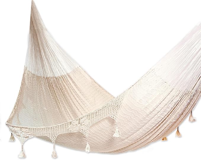 NOVICA Artisan Caribbean Shores Triple Hammock, Handmade Ivory Nylon Solid Rope with Tassels, Mayan Shabby Chic Mexico, Bed 78in L x 90in W Total 158in L
