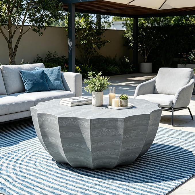 35.43" Round Outdoor Coffee Table, Durable MgO Cement Design – Waterproof for Patio, Garden & Living Room, Stylish & Low-Maintenance (Marble white-11-35.43")