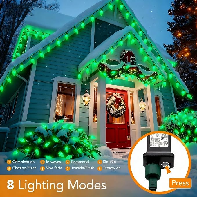 C9 LED Christmas Lights Outdoor,33 Feet 50 LED 8 Lighting Modes Waterproof Connectable Christmas String Lights for Outside Roofline Patio Home Xmas Decorations (Green)