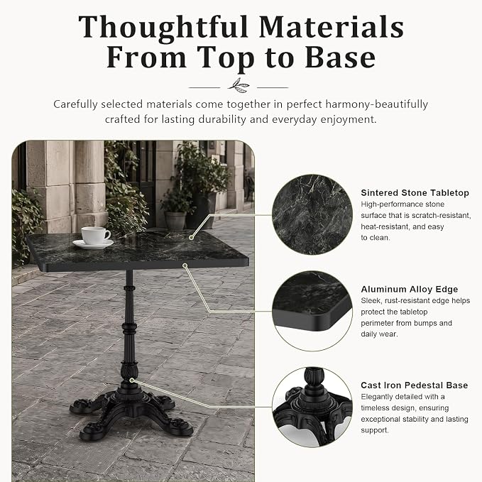 31.5" Outdoor Dining Table, Square Bistro Table w/Sintered Stone Tabletop | and Cast Iron Base, Weather Resistant Anti-Rust Small Patio Table for 2-4 for Outdoor Garden Café Use (Midnight Black)