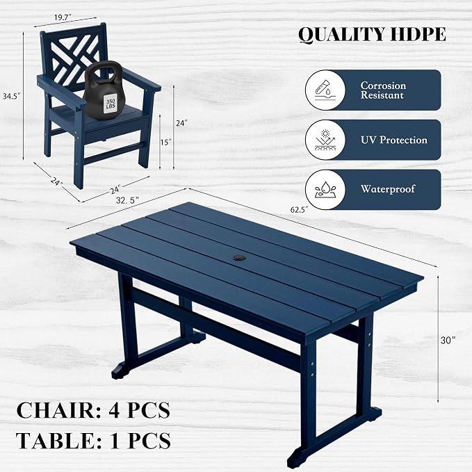HDPE Dining Table Set for 4,5-Piece Outdoor Table and Chairs Include 4 Dining Chairs and 62.5" Patio Dining Table with Umbrella Hole (Blue)