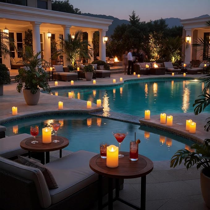 Bulk Set of 12 Outdoor Flameless Candles, Patented 3D Dual-LED Resin Pillars with 2 Remotes, Waterproof Non-Melting Battery Operated Wedding Aisle Decor, Ivory (D3 x H6)
