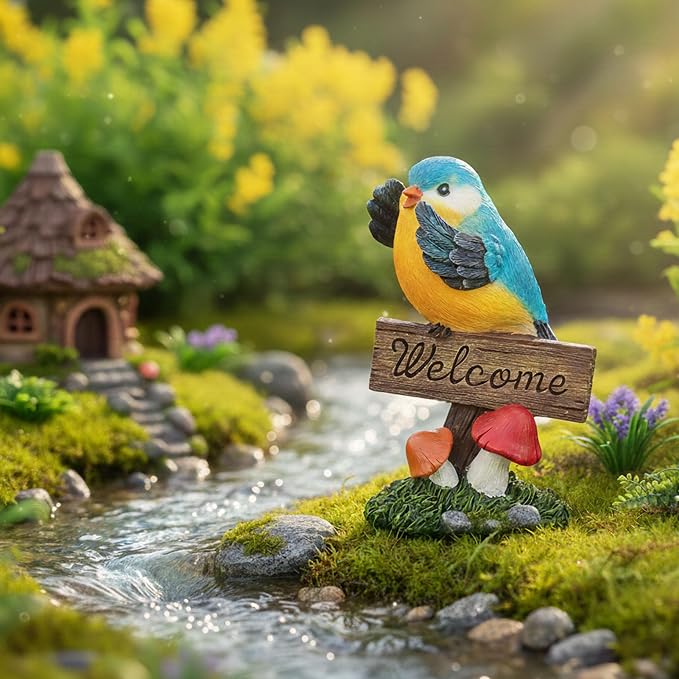 Leekung Bird Garden Statue Welcome Sign Outdoor Garden Decor for Patio Yard | Resin Bird Figurine Welcome Sign, Weather-Resistant Garden Statue for Front Porch,Entryway,Shelf,Table,Gift for Bird Lovers