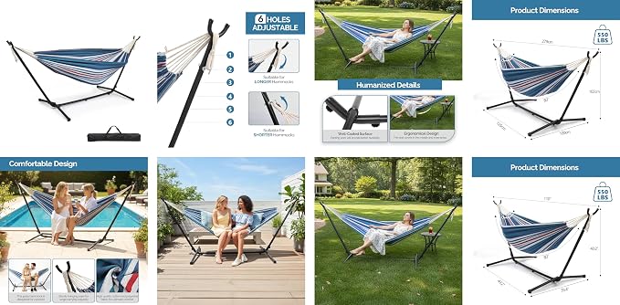 Double Hammock w/Stand – 550lb Capacity, Portable, Blue/Purple