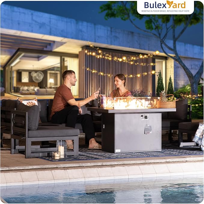 BULEXYARD 7 Pcs Modern Aluminum Patio Sectional Seating with Firepit Table, 500 lbs Heavy Duty Outdoor Furniture Set for Heavyweight, 29 inch Deep Wide Seating, Exterior Conversation Couch, Dark Gray