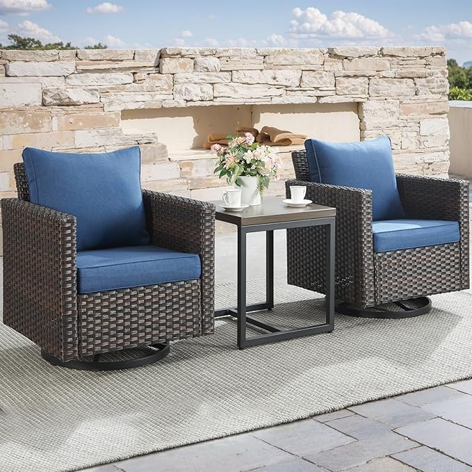 Luxury Outdoor Patio Swivel Rocker Chairs - 3 Piece Wicker Patio Furniture Bistro Swivel Rocking Chairs Set with Comfortable Cushions,Sturdy Metal Frame and Side Table for Porch Deck(Brown/Blue)
