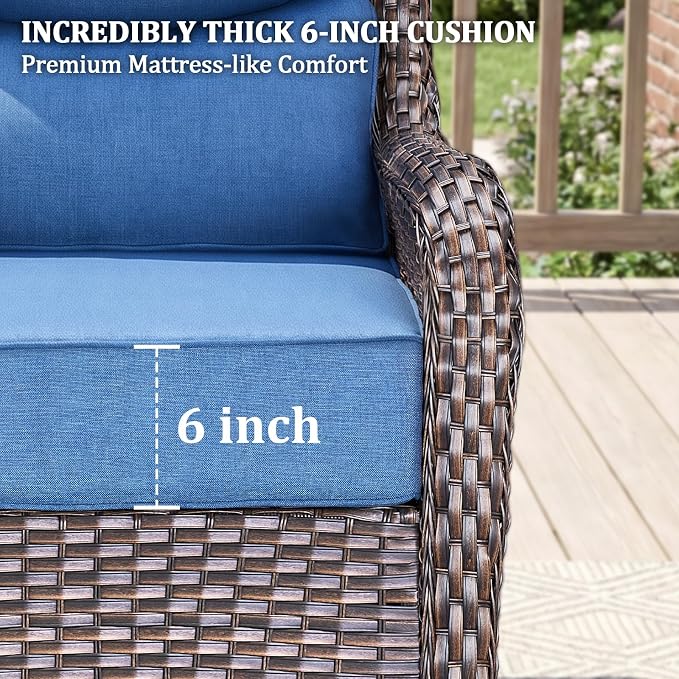 Luxury Swivel Rocker Chairs Set with 6" Thick Cushion 5 piece Wicker Outdoor Swivel Rocker Patio Chair with Ottoman High Back Comfortable Outdoor Patio Furniture Set - Brown | Blue