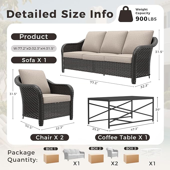 4 Pieces Patio Outdoor Conversation Furniture Set, 78" 3-Seat Couch, 2 Chairs, 47" Metal Coffee Table, Rattan Wicker Sofa with Washable Cushions for Garden, Deck (Beige)