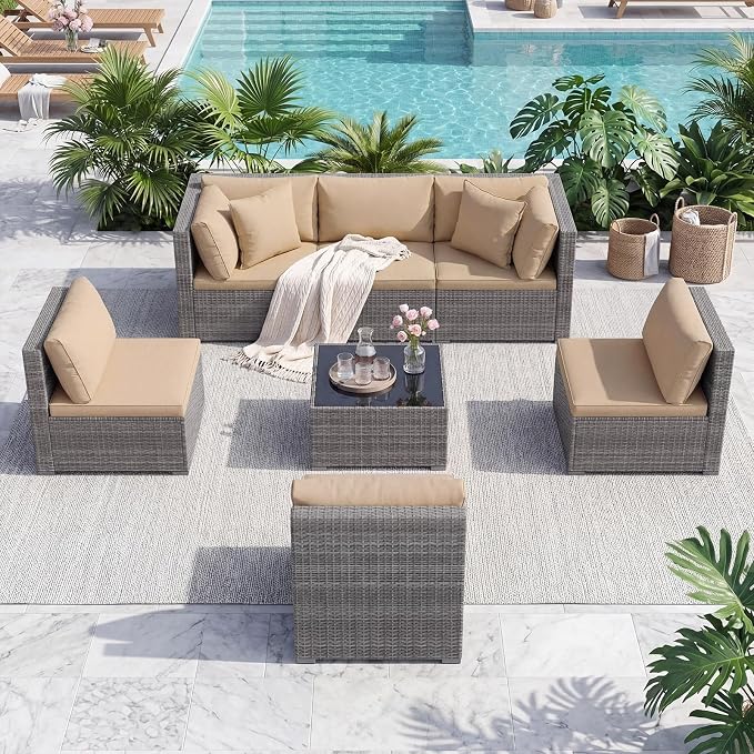 Tangkula 7 Pieces Wicker Sectional Patio Furniture Set, PE Rattan Sofas with Tempered Glass Coffee Table, Pillows & Cushions, Outdoor Wicker Conversation Set for Porch, Yard & Poolside, Grey & Beige