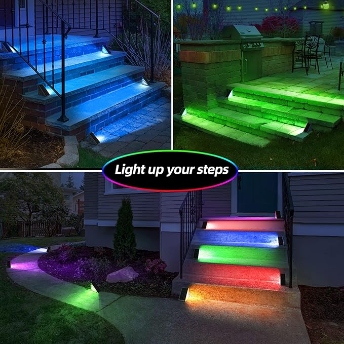 Solar Step Lights,8 Pack RGB Solid Color Changing Solar Stair Lights Outdoor Waterproof IP67 Auto On Off,Solar Lights for Steps,Stair,Patio,Yard,Porch,Front Door,Deck Decor