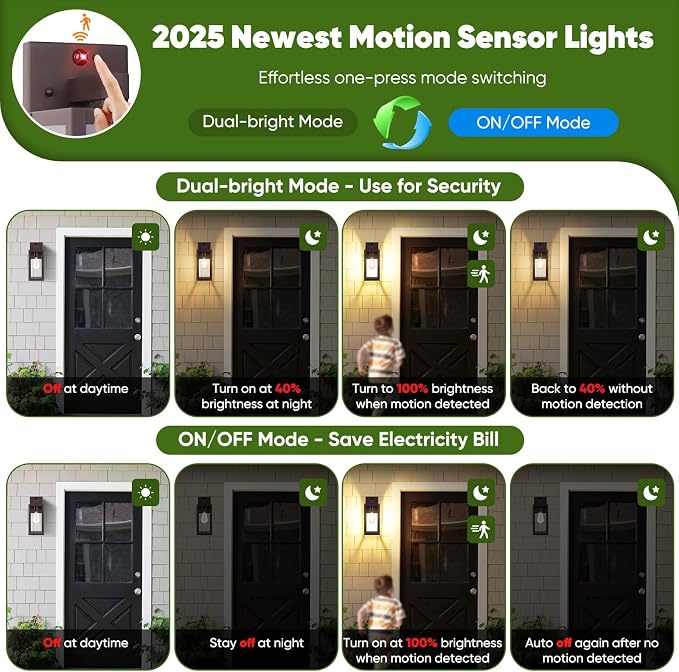 13" Upgraded Motion Sensor Outdoor Wall Light Fixture, Brown | Auto ON/OFF, 3 Lighting Modes, Waterproof, Rust-Resistant, Durable Metal & Clear Glass, Standard E26 Sockets, Easy to Install