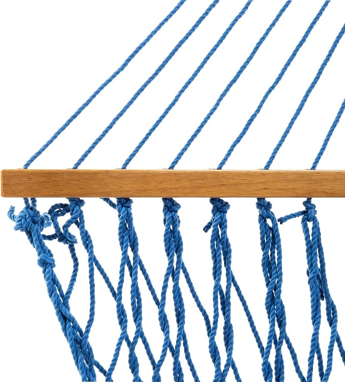 Original Pawleys Island Deluxe Coastal Blue DuraCord Rope Hammock – 13 ft. x 65 in, 2-Person, 450 lb Capacity, Oak Spreader Bar, Zinc-Plated Hardware, Handcrafted in the USA