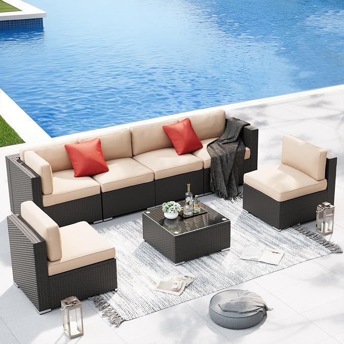 SUNCROWN 7-Piece Outdoor Patio Furniture Sofa Set All-Weather Wicker Sectional Conversation Set with Modern Glass Coffee Table and Cushions, Backyard, Garden, Light Brown
