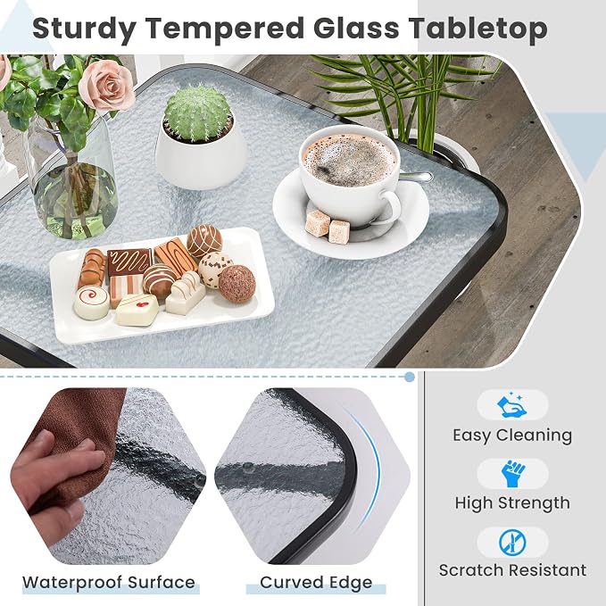 Tangkula Outdoor Bistro Table, 20 Inches Patio Side Table with Tempered Glass Tabletop & Steel Frame, Patio Coffee End Table for Backyard, Lawn, Garden (Black)