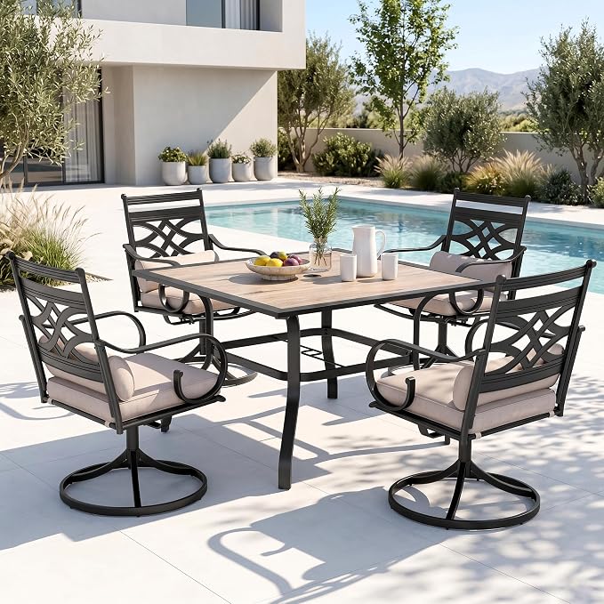PHI VILLA Patio Dining Set, Swivel Chairs, Square Metal Table | Metal chairs, Beige, Cushions, E-coated