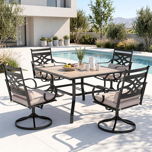 PHI VILLA Patio Dining Set, Swivel Chairs, Square Metal Table | Metal chairs, Beige, Cushions, E-coated