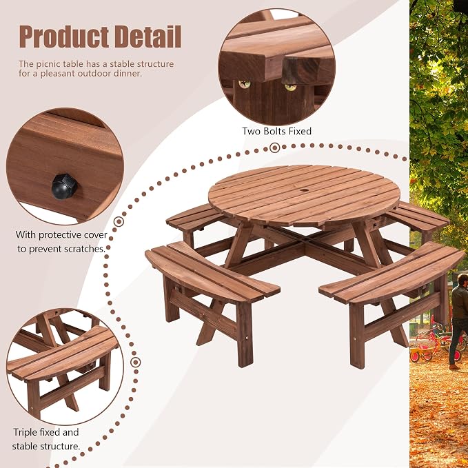 8 Person Outdoor Picnic Table with Wooden Bench, Round Picnic Table Dining Table w/ 4 Built-in Benches ,Umbrella Hole, Outside Table and Bench Set for Garden, Backyard, Porch, Patio, 2220lb Capacity