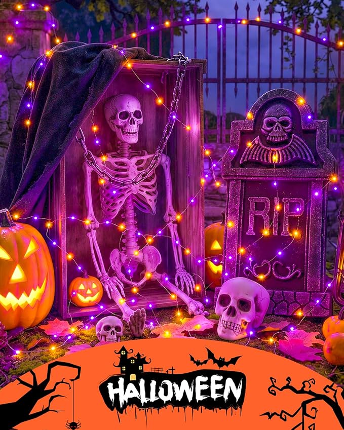 4Pack 60LED Fairy Lights Battery Operated Orange and Purple Halloween Decor | 20 FT, Halloween Lights with Timer, Cuttable Copper Wire, Waterproof Battery String Lights for Indoor Outdoor, Bedroom, Home