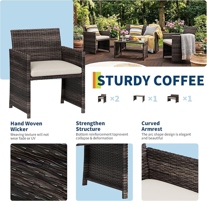 Garvee 4-Piece Patio Furniture Set, PE Rattan Outdoor Conversation Set with Cushions & Tempered Glass Table, All-Weather Wicker Patio Table and Chairs Set for Patio, Porch, Backyard, Brown and Beige