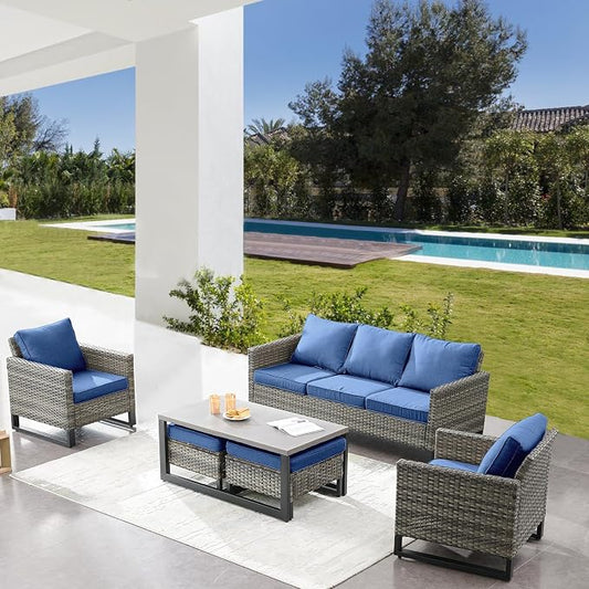 Belord 6 Piece Outdoor Furniture Patio Wicker Sofa Set, Oversize Outdoor Dining Chairs with Rattan Ottomans, Conversation Sets Patio Furniture Come with Removable Washable Cushion Blue