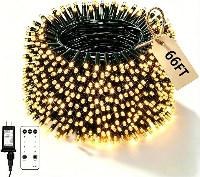66ft 100 LED Warm White Christmas Fairy String Lights, Remote | 8 modes with timer function; perfect for indoor or outdoor house, bedroom & room aesthetic decoration or holiday party decor.
