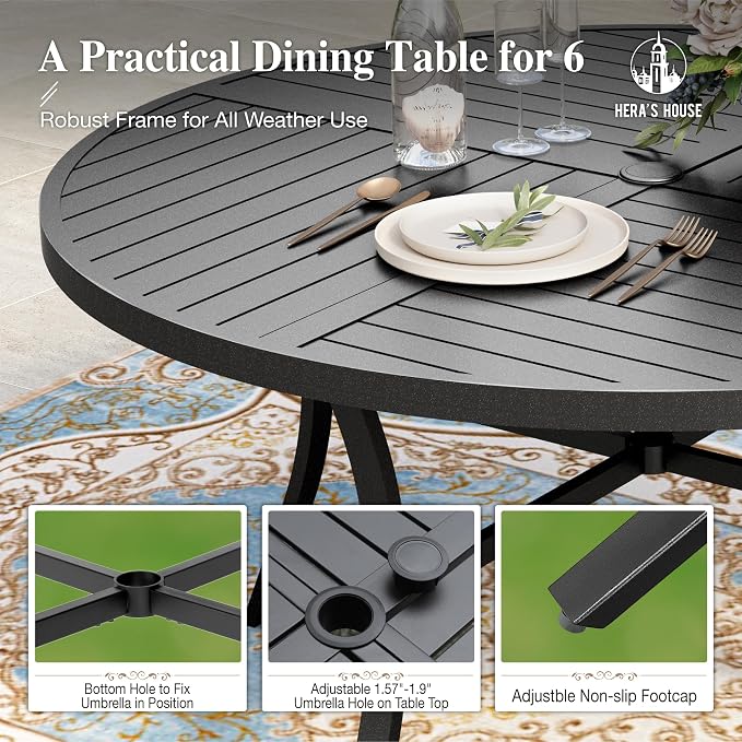 HERA'S HOUSE 7pc Patio Dining Set, 54" Round Table, 6 Brown Chairs | Outdoor metal table with umbrella hole, textilene chairs. Waterproof, rust-resistant, all-weather for backyard, porch