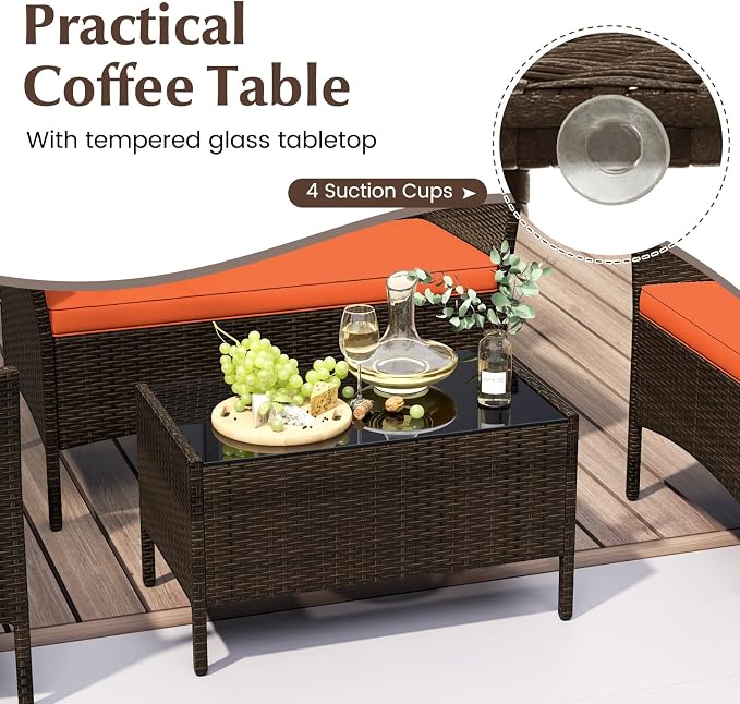 4 Piece Patio Furniture Set, Sectional Conversation Sofa Set with Glass Coffee Table, Cushions & Loveseat, Wicker Outdoor Table and Chairs for Pool, Garden, Deck, Backyard (2, Orange)