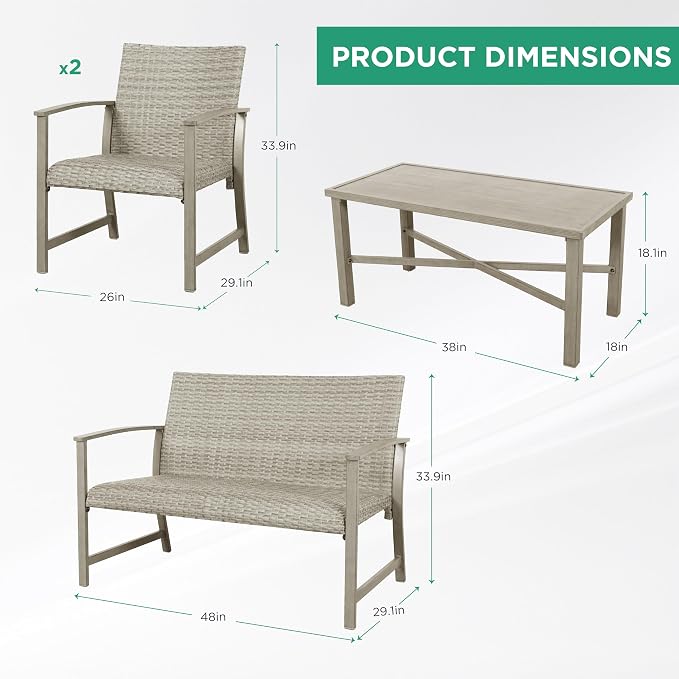 4-Piece Wicker Patio Furniture Set, Modern Outdoor Conversation Set with Coffee Table and Padded Seat Cushions, Rattan Sectional Sofa for Backyard, Garden & Lawn, Light Grey