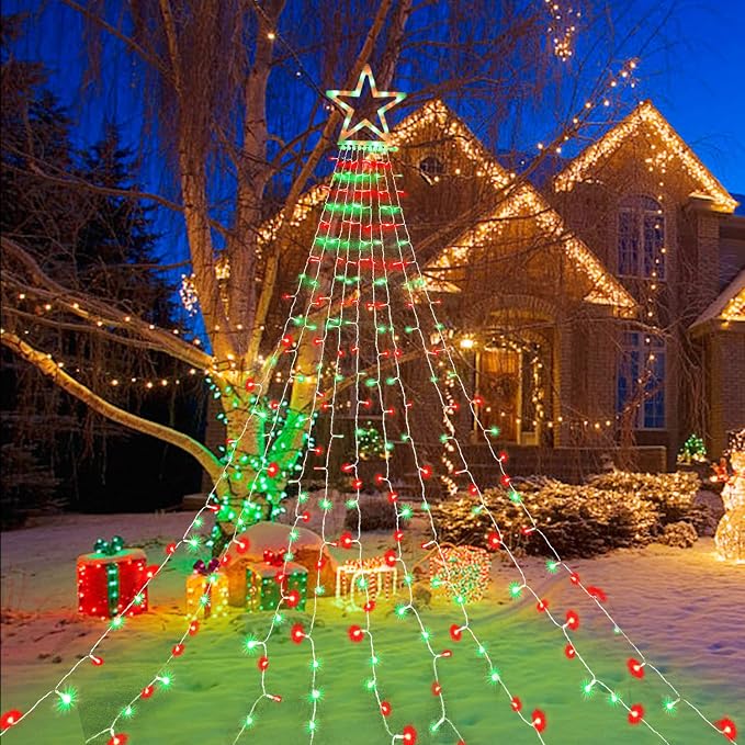 Christmas Lights Outdoor, 320 LED 8 Light Modes Outdoor Christmas Decorations, Plug-in Waterproof Christmas String Lights for Yard, Garden, Party, Holiday, Xmas Decor - Red & Green