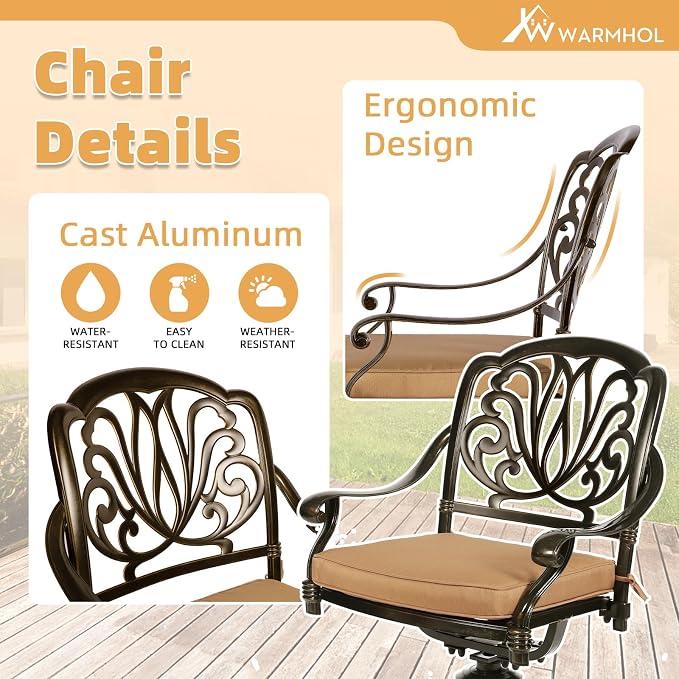 9-Piece Patio Furniture Dining Set, Cast Aluminum Outdoor Conversation Set- 61" Round Patio Dining Table with Detachable Lazy Susan & 8 Cushioned Swivel Rocker Chairs, Umbrella Hole, Khaki