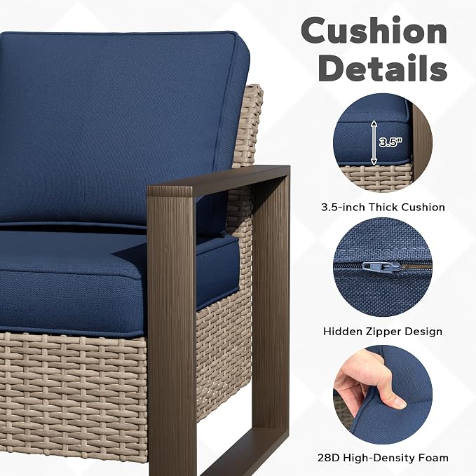 Joyside Outdoor Patio Chairs, 5 Pieces Wicker Rattan Furniture Set, 2 Patio Chairs, 1 Sofa and 2 Ottoman, Metal Wide Armrest, Thick Cushions and Deep Seating for Garden, Backyard, Porch, Deck