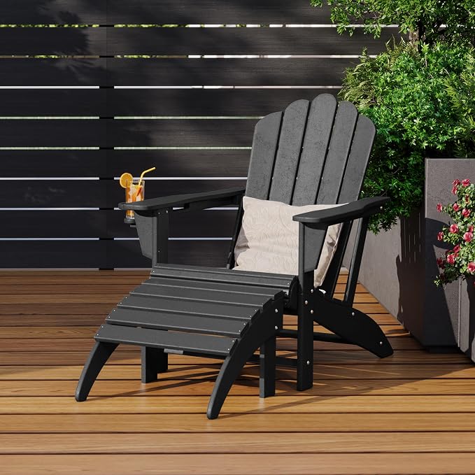 Costaelm Lakeview 2-Piece Outdoor Patio HDPE Adirondack Chair with Ottoman and Cup Holder Set, Black