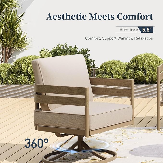 SUNSHINE VALLEY Metal Frame Patio Furniture Set, Wood-Like Modern Outdoor Patio Furniture Set with Cushion, Patio Seating Set with Swivel Chairs, Patio Conversation Set for Backyard Deck