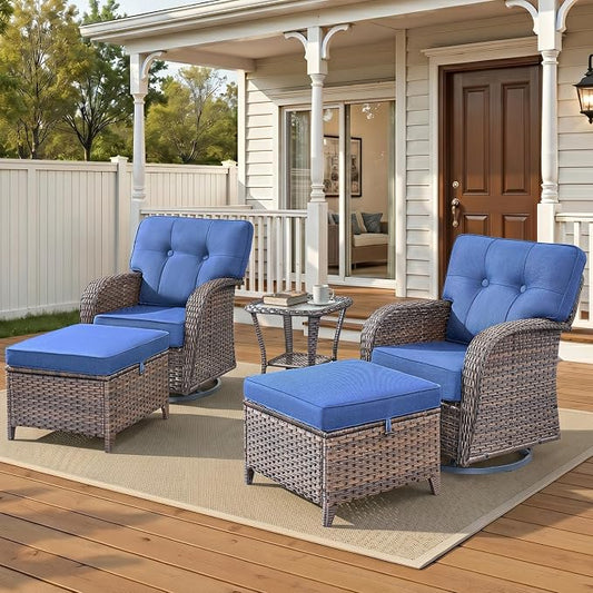 Patio Furniture Set, 5PCS Outdoor Wicker Conversation Set, High Back Rattan Sofa & Swivel Rocker Chairs, Weather Resistant Olefin Fabric for Garden, Poolside Brown/Blue
