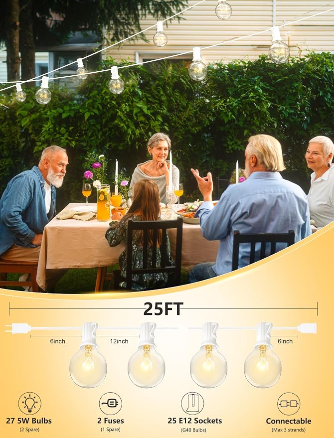 SUNSGNE 25FT Globe String Lights, G40 White Outdoor String Lights with 27 Clear Edison Bulbs(2 Spare) for Patio Balcony Decoration - White Wire