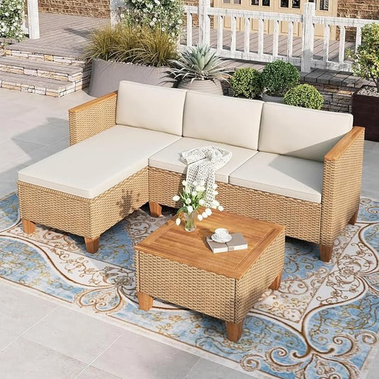 Small Patio Furniture Set 3 Pieces All-Weather Wicker Outdoor Sectional Sets Rattan Conversation Set with Table and Comfortable Seat Cushion