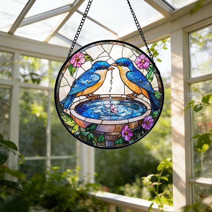 DASTOLL Stained Glass Window Hanging, 2 Blue Birds Suncatcher Diamond Glass Panel Hangings Bird Lover Sun Catchers Decor for Birthday for Women, Men, Wife, Aunt, and Mom 11.8x11.8 in