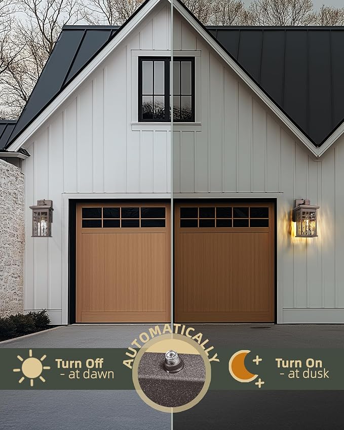 Outdoor Wall Sconce 2-Pack, HWH Dusk to Dawn Exterior Wall Light Fixtures, Farmhouse Outside Lights for House Oil-Rubbed-Bronze with Water Ripple Glass, 5HD27B-PC-2PK ORB-WP