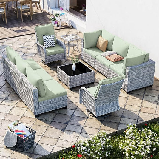 10-Piece Patio Furniture Set, Outdoor Patio Furniture with Swivel Chairs Set, Thick Cushions, Modular Patio Sofa, Dual-Strand Rattan, Rust-Resistant Frame, Light Green