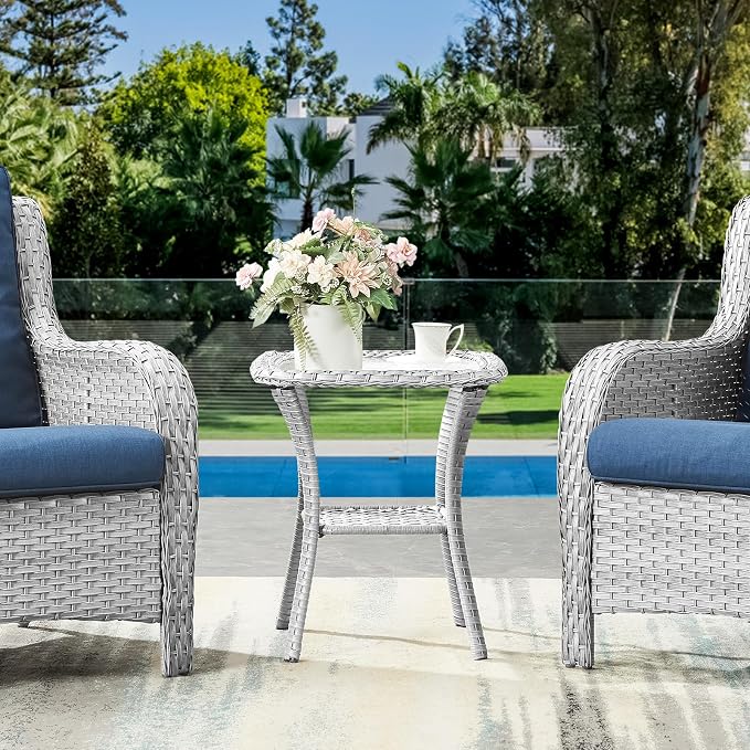 Small Outdoor Side Table - 50 LBS Weight Capacity Wicker Side Table with Storage, Tempered Glass Top Patio Side Table for Porch Balcony Deck Garden - Light Grey