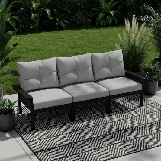 HDPE 3 Piece Patio Furniture Set, All-Weather Outdoor Couch Set with Thick Cushions, Patio Conversation Sets for Lawn, Garden, Porch, Balcony, Deck, Poolside, Black Frame Grey Cushion