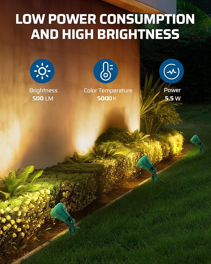 DEWENWILS 120V Spotlight Outdoor,500LM Waterproof Light with 3 Extra Lenses | Red Yellow Green Lenses, LED Spot Light 5FT Extension Cord, Landscape Lighting for Holiday, Trees, Flag,UL Listed