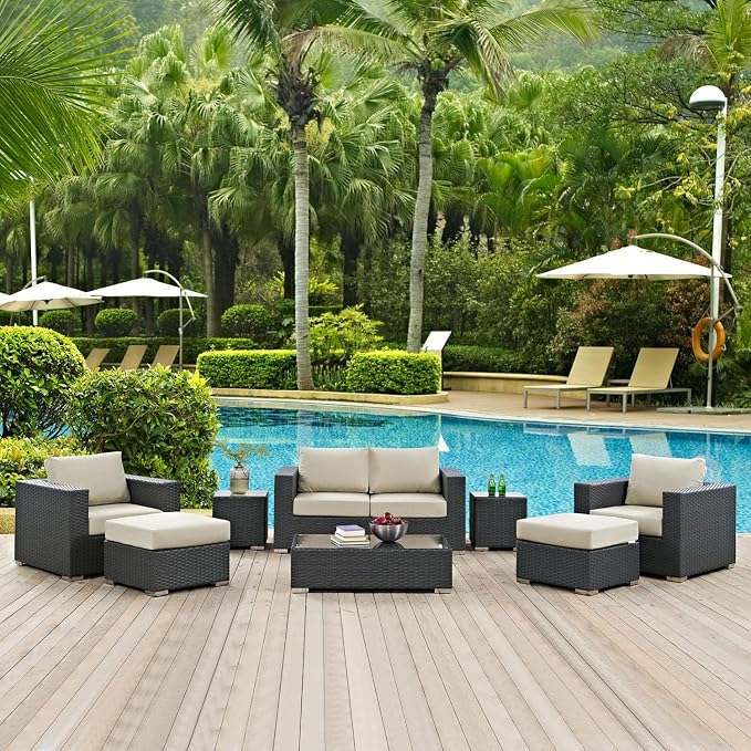 Modway Sojourn Wicker Rattan 8 Piece Outdoor Patio Sunbrella Sectional Set in Canvas Antique Beige