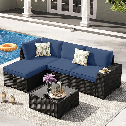 5-Piece Outdoor Patio Furniture Set, Modular Wicker Sectional Sofa with Thick Cushions & Coffee Table, All-Weather Rattan Conversation Set for Backyard, Porch, Poolside, Navy