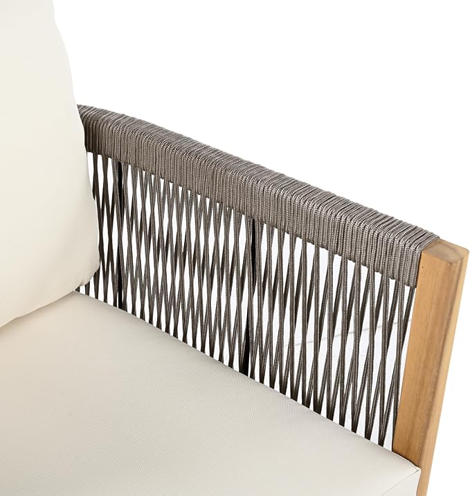Christopher Knight Home Havets 2 Pieces Conversation Set, Acacia Wood Loveseat and Coffee Table Set, Woven Rope Armchair, Slats Panel End Table, 6" Thick Cushion Couch for Backyard Garden, Gray+Beige